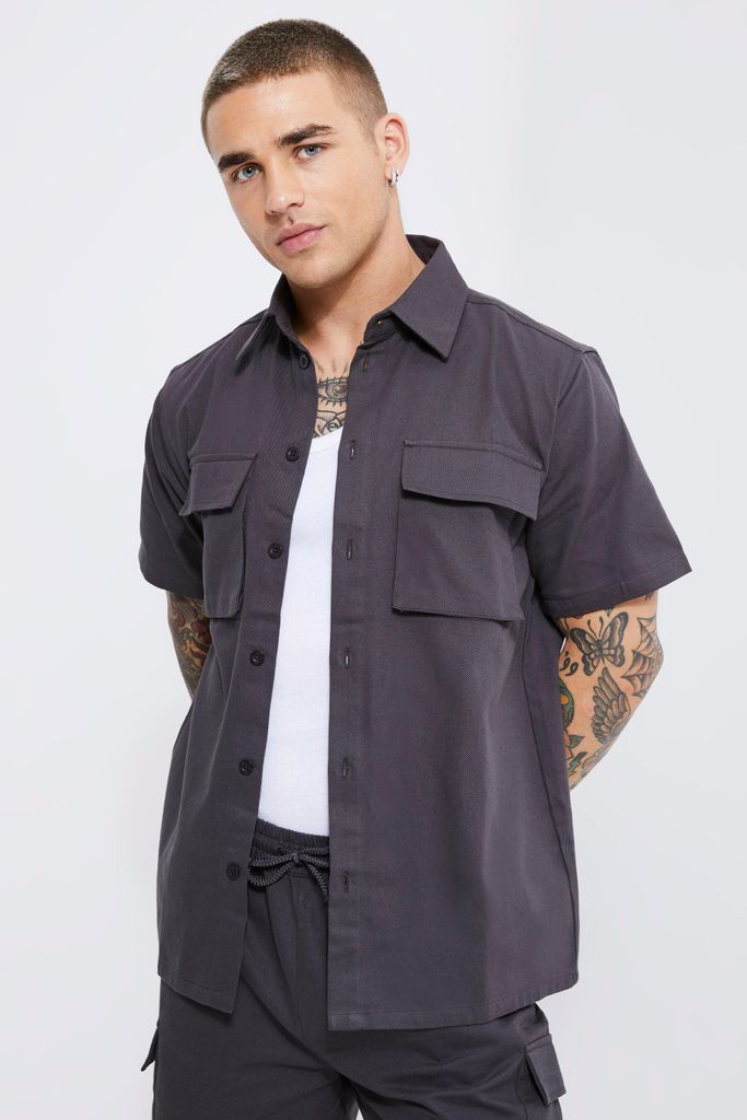 Men's Short Sleeve Overshirt Utility Shirt - Grey - L, Grey