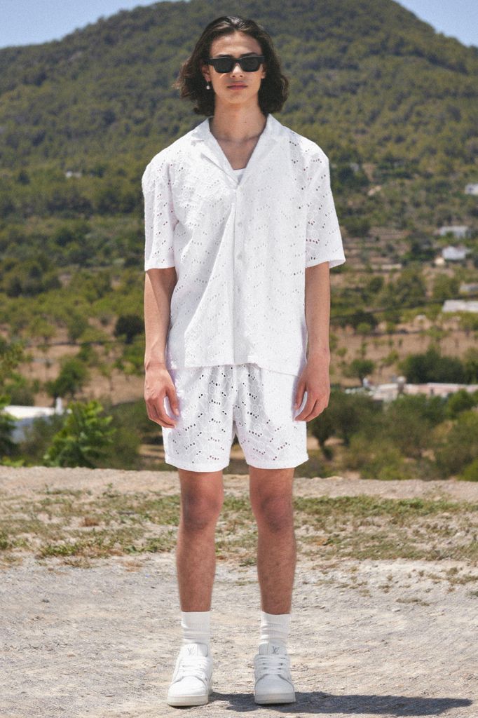 Men's Short Sleeve Embroidered Shirt And Short Set - White - L, White
