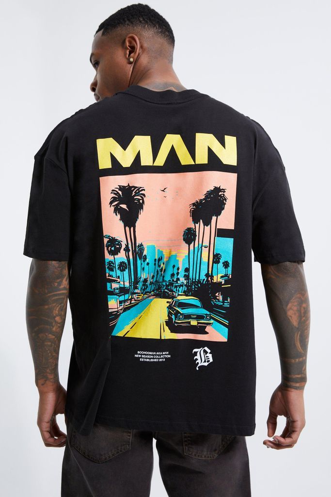 Men's Oversized Extended Neck Man Palm Print T-Shirt - Black - S, Black