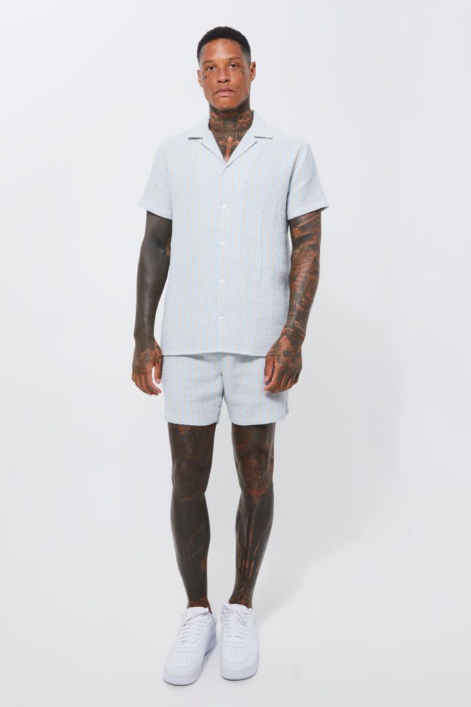 Men's Short Sleeve Revere Textured Shirt & Short Set - Blue - S, Blue