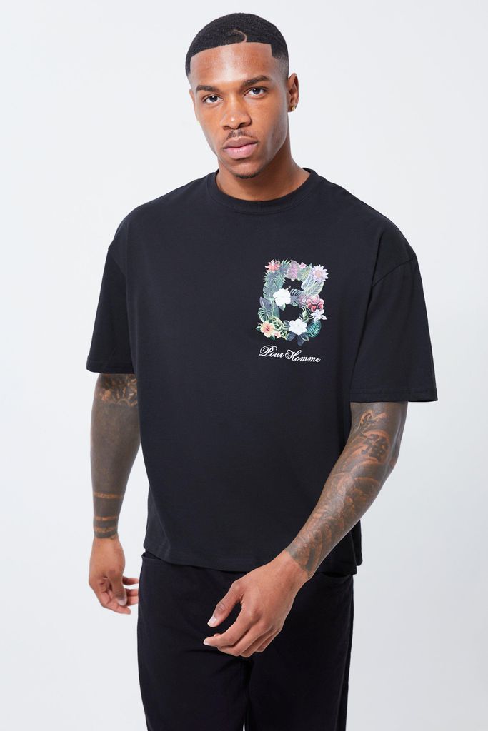 Men's Oversized Boxy Floral B T-Shirt - Black - S, Black