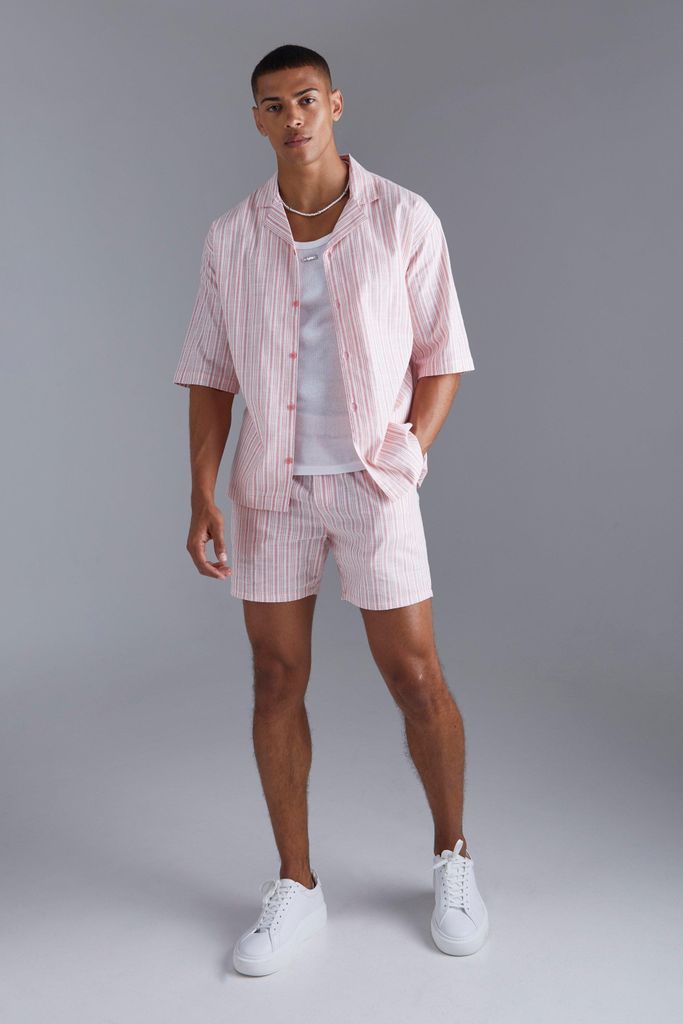 Men's Slub Short Sleeve Stripe Shirt And Short - Pink - L, Pink
