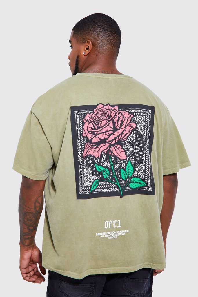 Men's Plus Oversized Rose Back Graphic T-Shirt - Green - Xxxl, Green