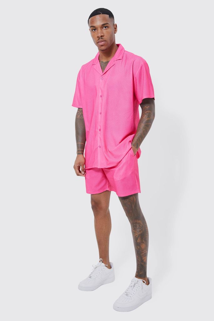 Men's Short Sleeve Oversized Print Mesh Shirt And Short - Pink - S, Pink