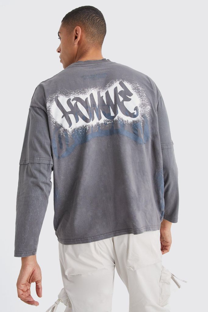 Men's Oversized Half Sleeve Graffiti Print T-Shirt - Grey - S, Grey