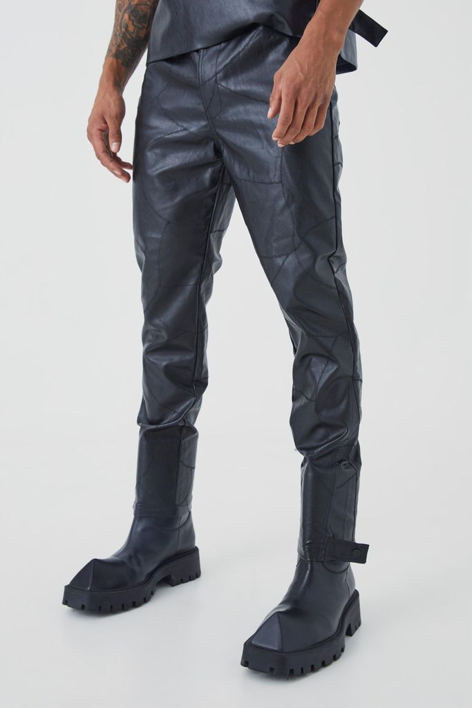 Men's Slim Fit Pu Stitch Detail Popper Hem Trouser - Black - 28, Black