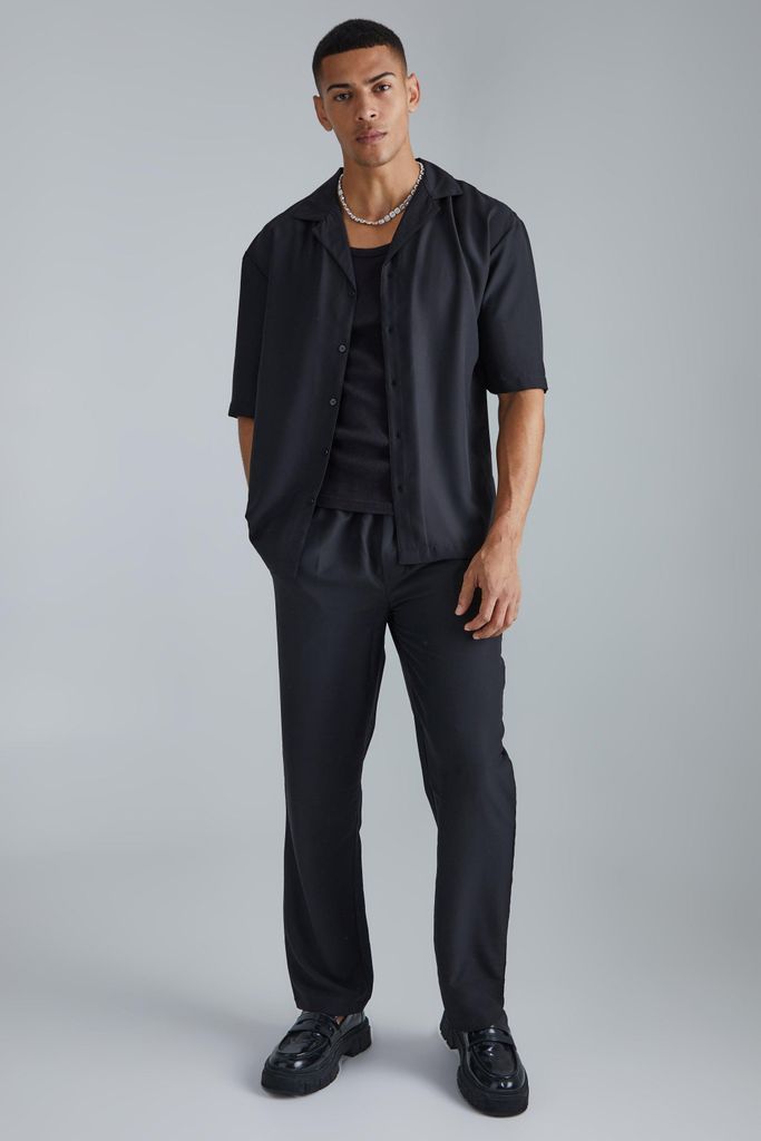 Men's Short Sleeve Drop Revere Satin Shirt And Trouser Set - Black - S, Black