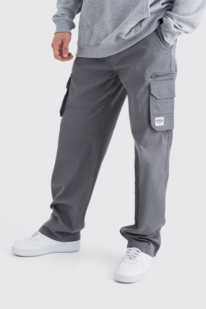 Men's Tall Fixed Ripstop Cargo Zip Trouser With Woven Tab - Grey - 30, Grey