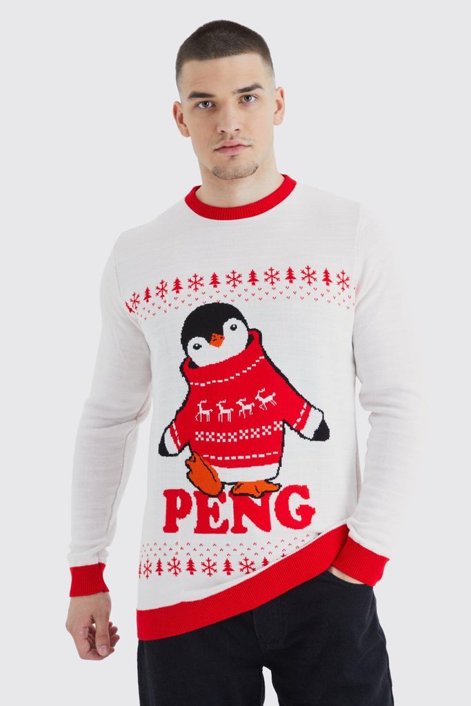 Men's Tall Peng Penguin Christmas Jumper - Cream - S, Cream
