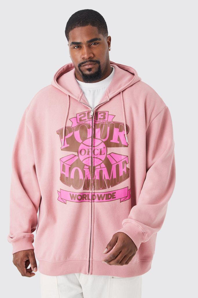 Men's Plus Oversized Pour Homme Zip Through Hoodie - Pink - Xxxl, Pink