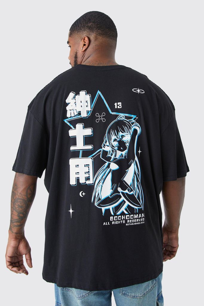 Men's Plus Oversized Anime Back Print T-Shirt - Black - Xxxl, Black
