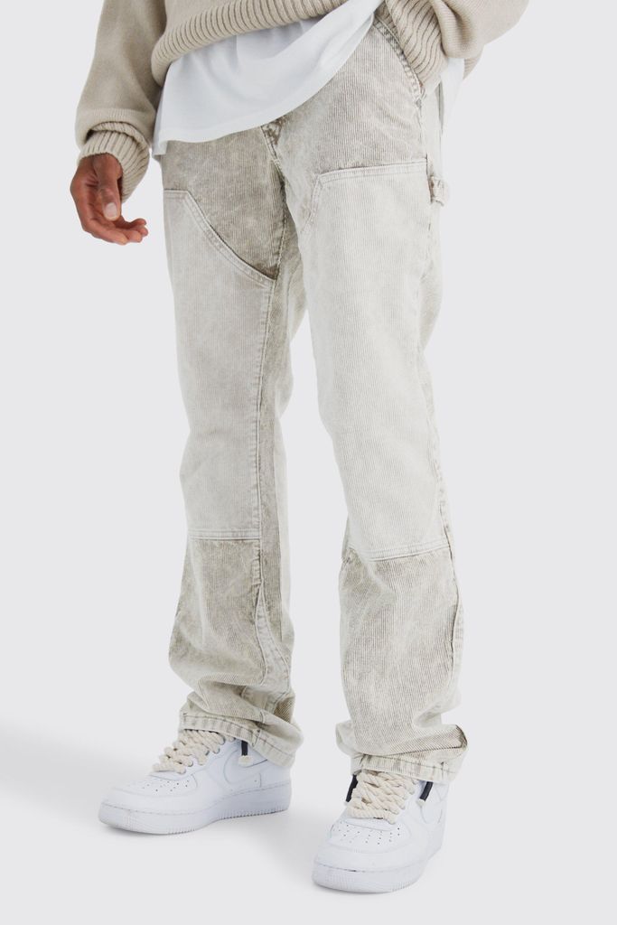 Men's Slim Flare Carpenter Colour Block Acid Wash Cord Trouser - Beige - 28R, Beige