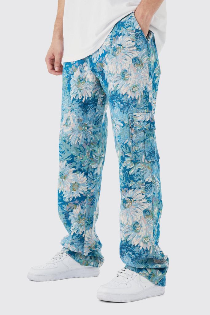 Men's Tall Fixed Waist Floral Tapestry Cargo Trouser - Blue - 30, Blue