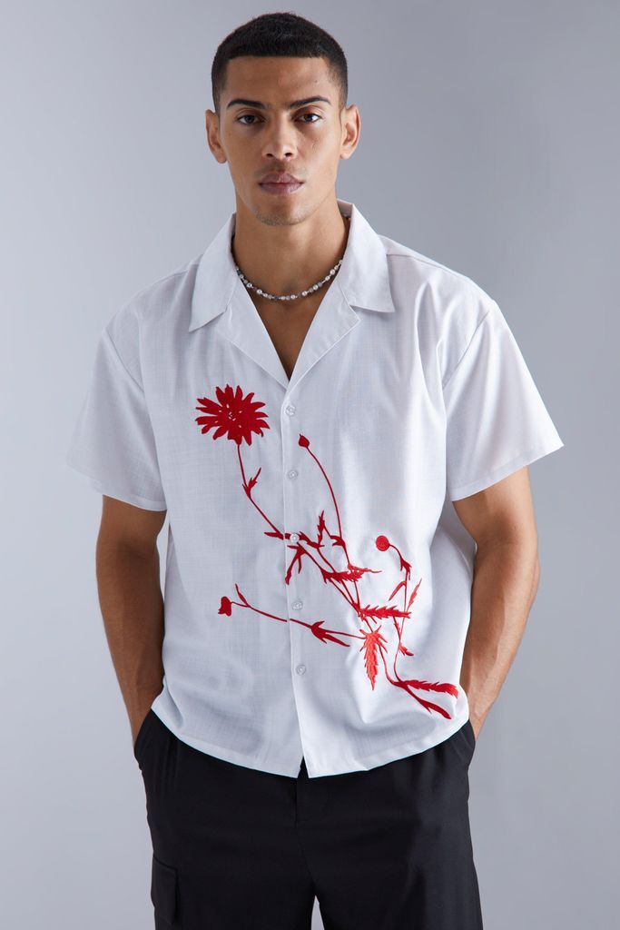 Men's Short Sleeve Floral Embroidered Boxy Shirt - Cream - S, Cream