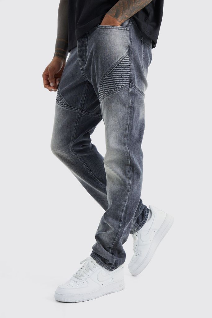 Men's Slim Rigid Biker Panelled Jeans - Grey - 28R, Grey