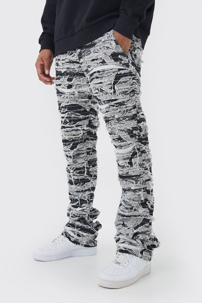 Men's Slim Stacked Flare Heavily Distressed Camo Trouser - Grey - 28, Grey