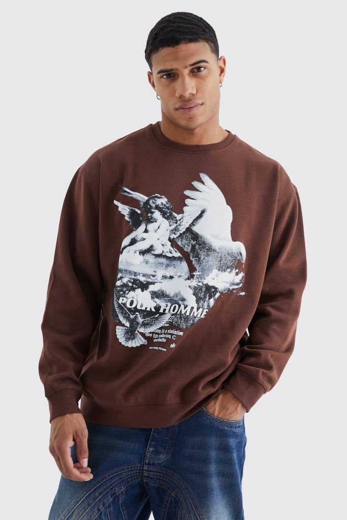 Men's Oversized Homme Dove Graphic Sweatshirt - Brown - S, Brown