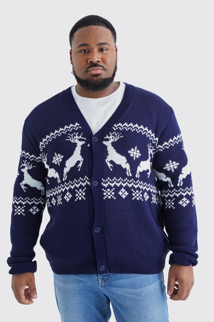 Men's Plus Reindeer Fairisle Christmas Cardigan - Navy - Xxxl, Navy