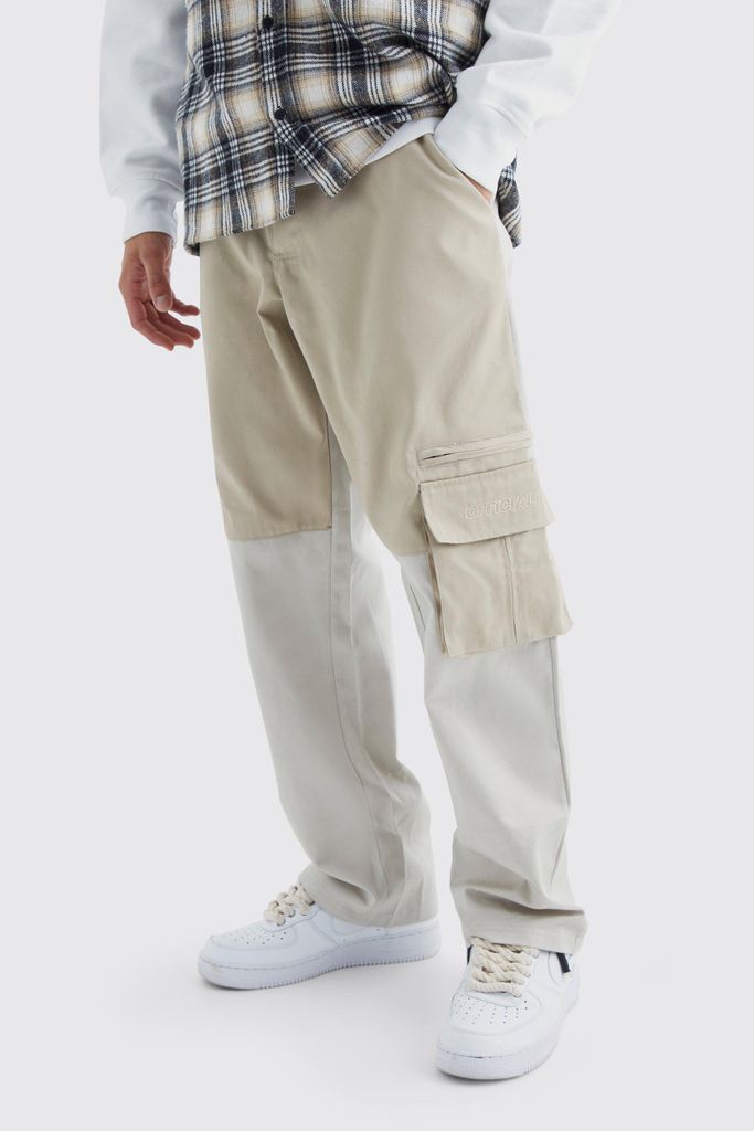 Men's Relaxed Fit Colour Block Official Branded Cargo Trouser - Beige - 28, Beige