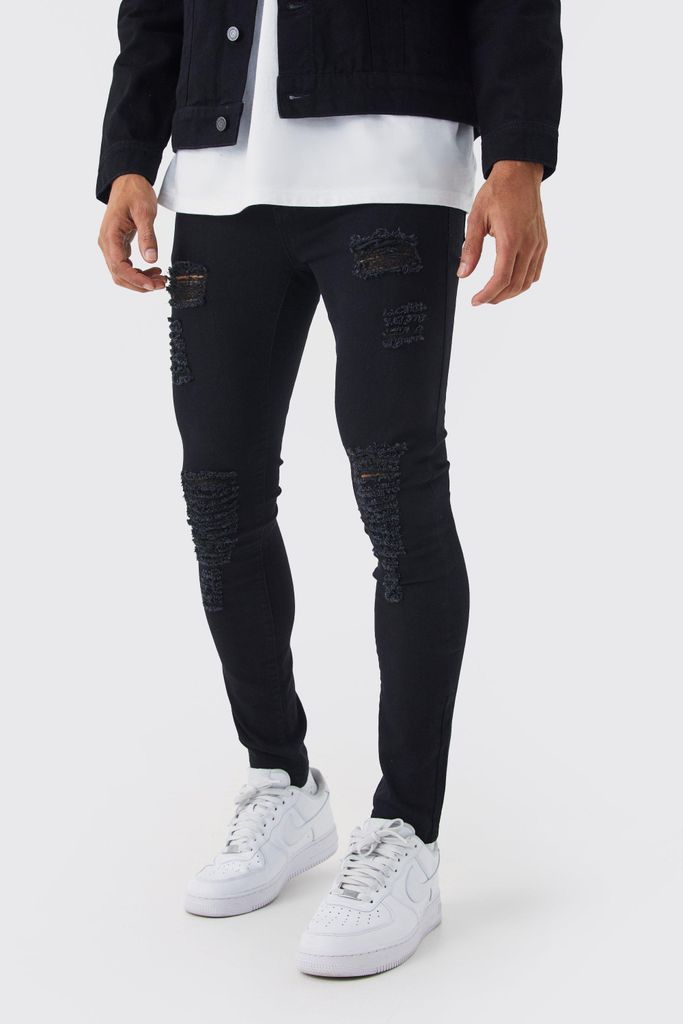 Men's Super Skinny Jeans With All Over Rips - Black - 28R, Black