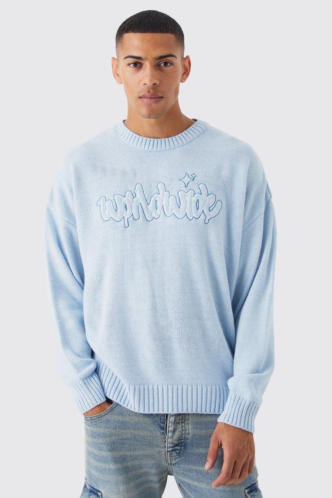 Men's Oversized Boxy Worldwide Embroidered Knit Jumper - Blue - S, Blue
