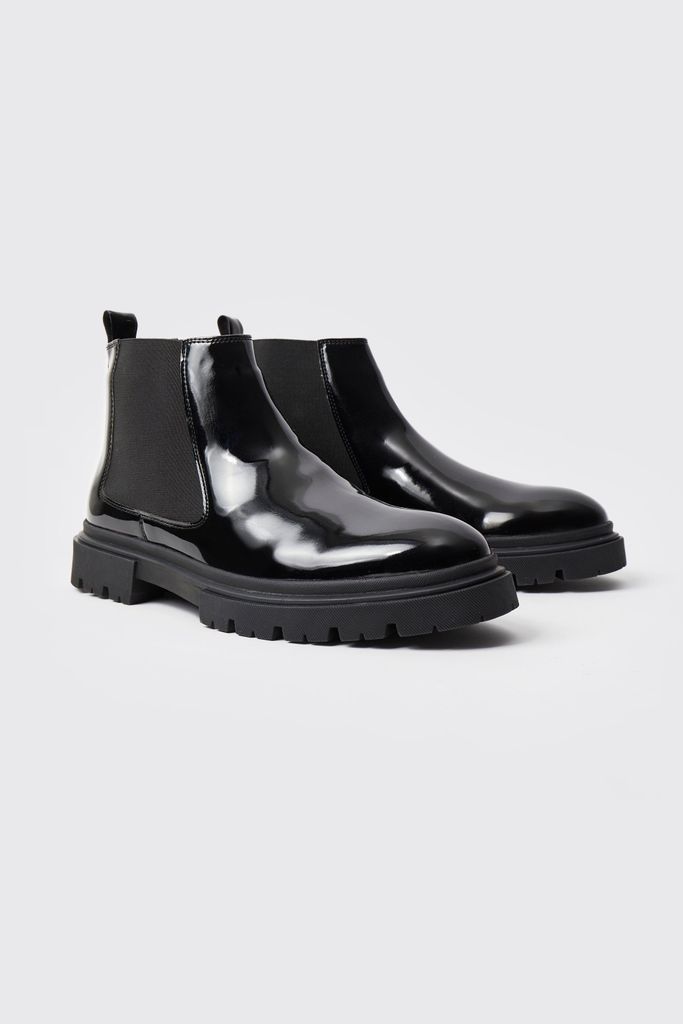 Men's Patent Chelsea Boots With Track Sole - Black - 7, Black
