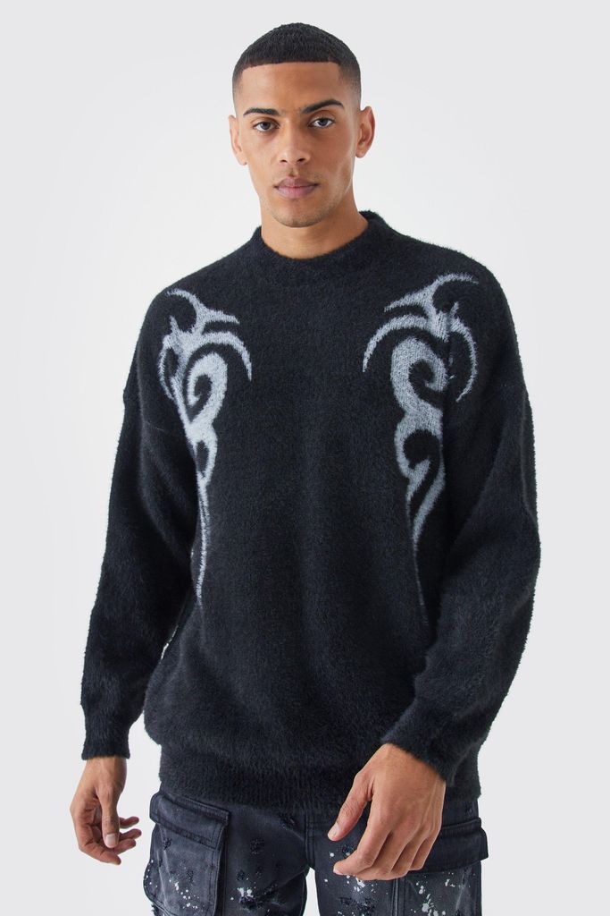Men's Oversized Fluffy Graphic Knitted Jumper - Black - S, Black