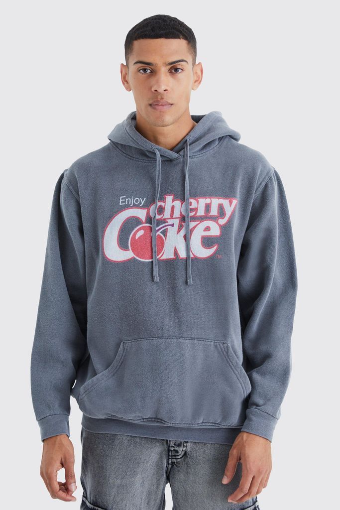 Men's Oversized Cherry Coke Wash License Hoodie - Grey - S, Grey