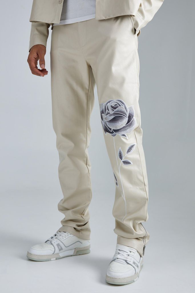 Men's Pu Stacked Straight Leg Zip Gusset Embroidered Trouser - Beige - S, Beige