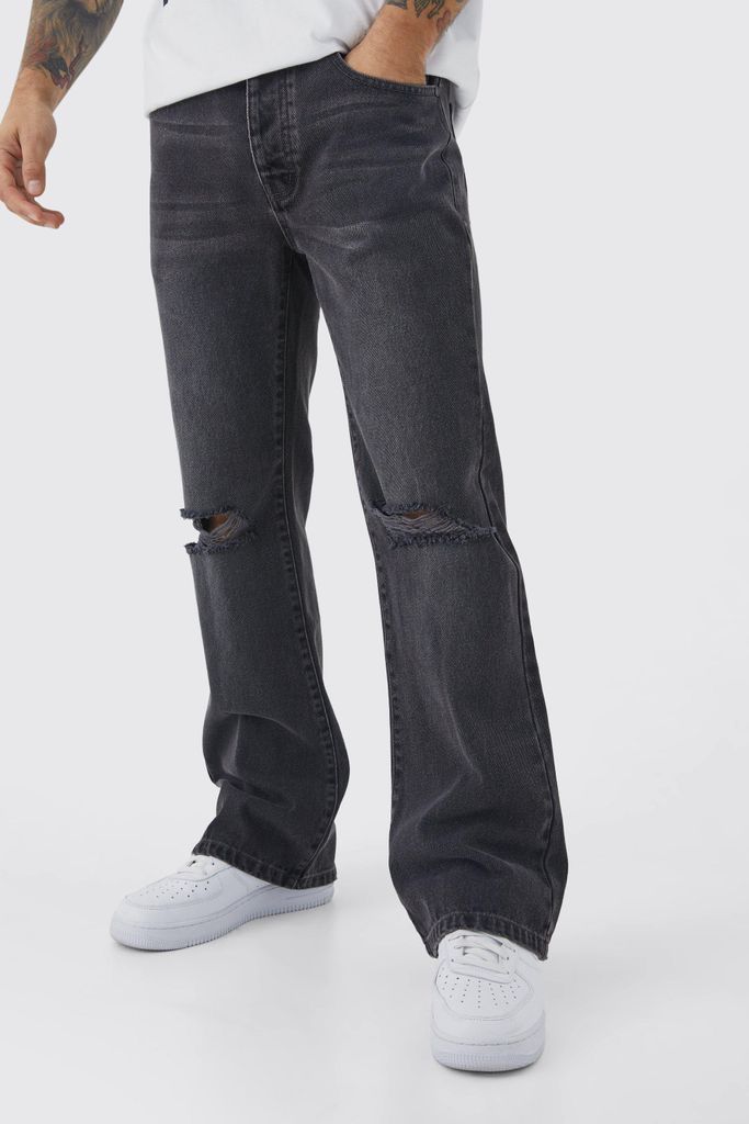 Men's Relaxed Rigid Flare Jean With Knee Rips - Grey - 28R, Grey