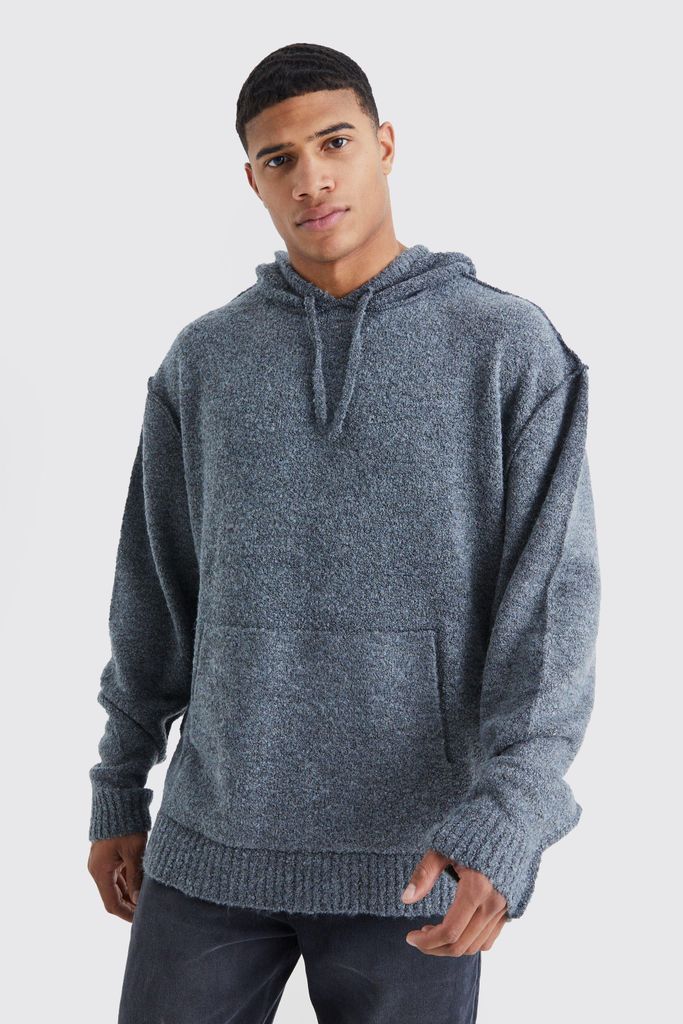 Men's Oversized Boucle Knit Hoodie With Exposed Seams - Grey - S, Grey
