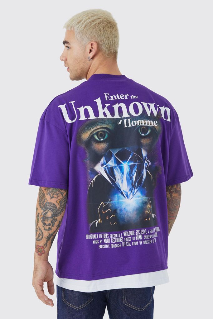 Men's Oversized Unknown Graphic Fau Layer T-Shirt - Purple - S, Purple