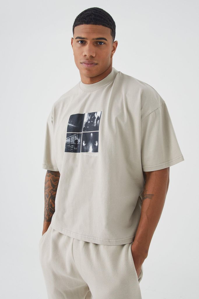 Men's Oversized Boxy Heavyweight Puff Print T-Shirt - Beige - S, Beige