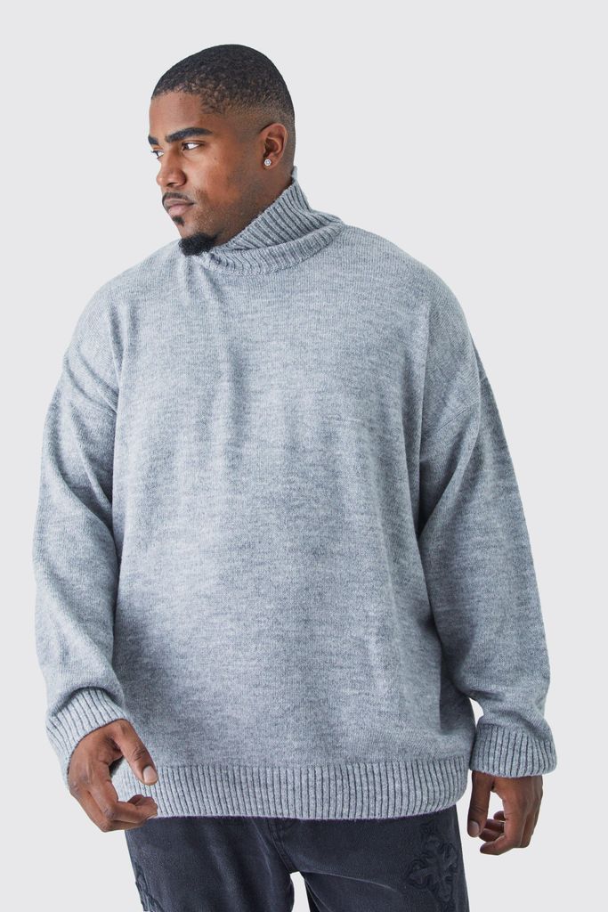 Men's Plus Oversized Funnel Neck Brushed Knit Jumper - Grey - Xxxl, Grey