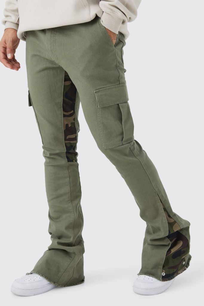 Men's Skinny Stacked Flare Camo Gusset Cargo Trouser - Green - 28, Green