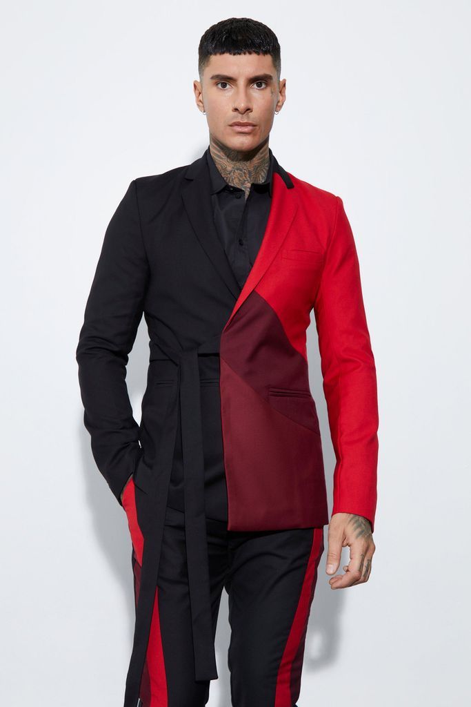 Men's Tall Skinny Fit Colour Block Wrap Front Blazer - Red - 36, Red