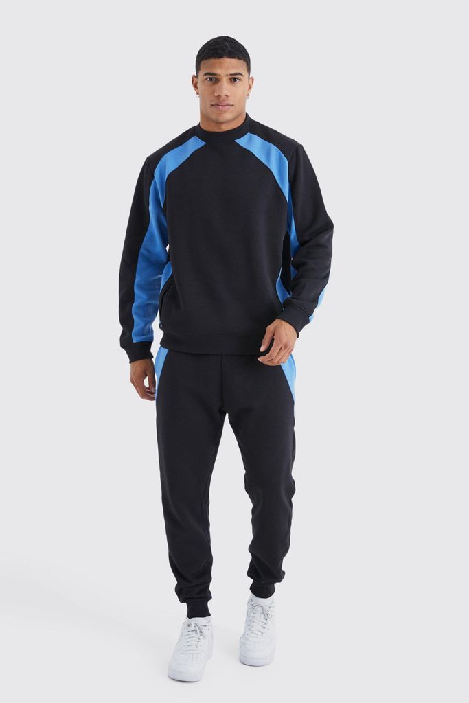 Men's Zip Detail Colour Block Sweatshirt Tracksuit - Black - S, Black
