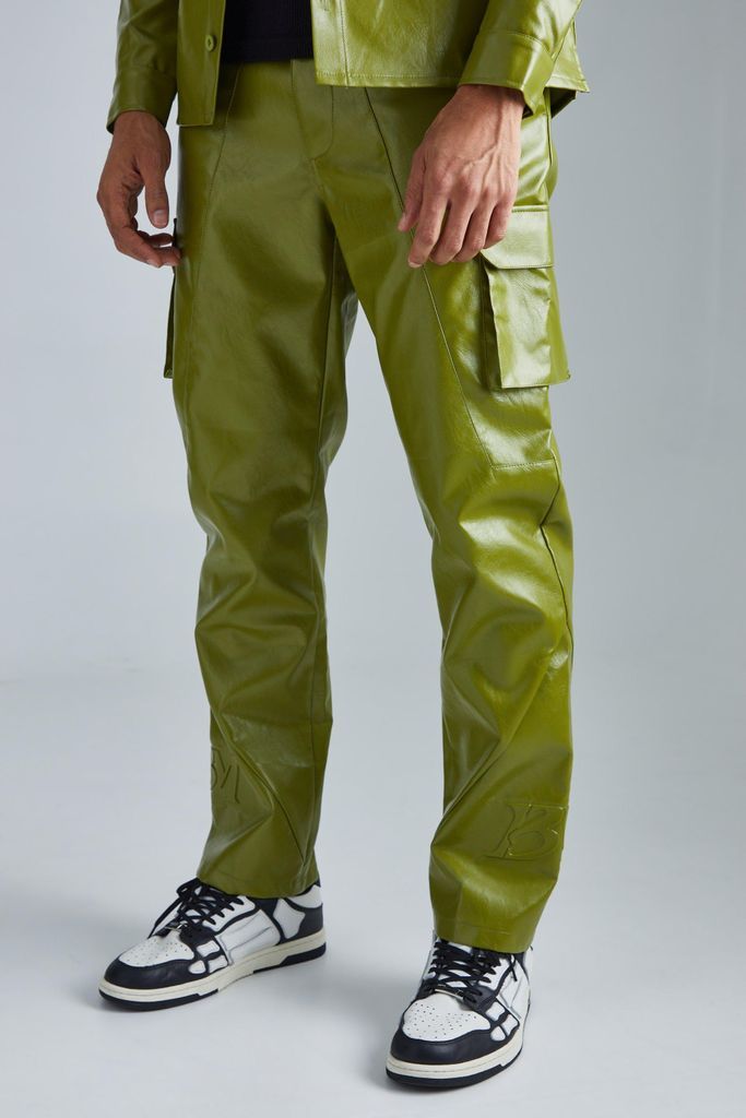 Men's Pu Straight Leg Fixed Waist Embossed Cargo Trouser - Green - S, Green
