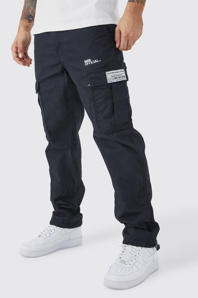 Men's Straight Leg Zip Cargo Ripstop Trouser With Woven Tab - Black - 28, Black