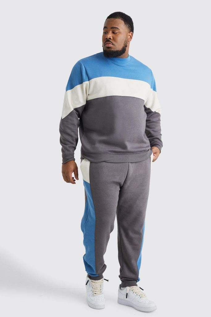 Men's Plus Colour Block Sweatshirt Tracksuit - Blue - Xxxl, Blue