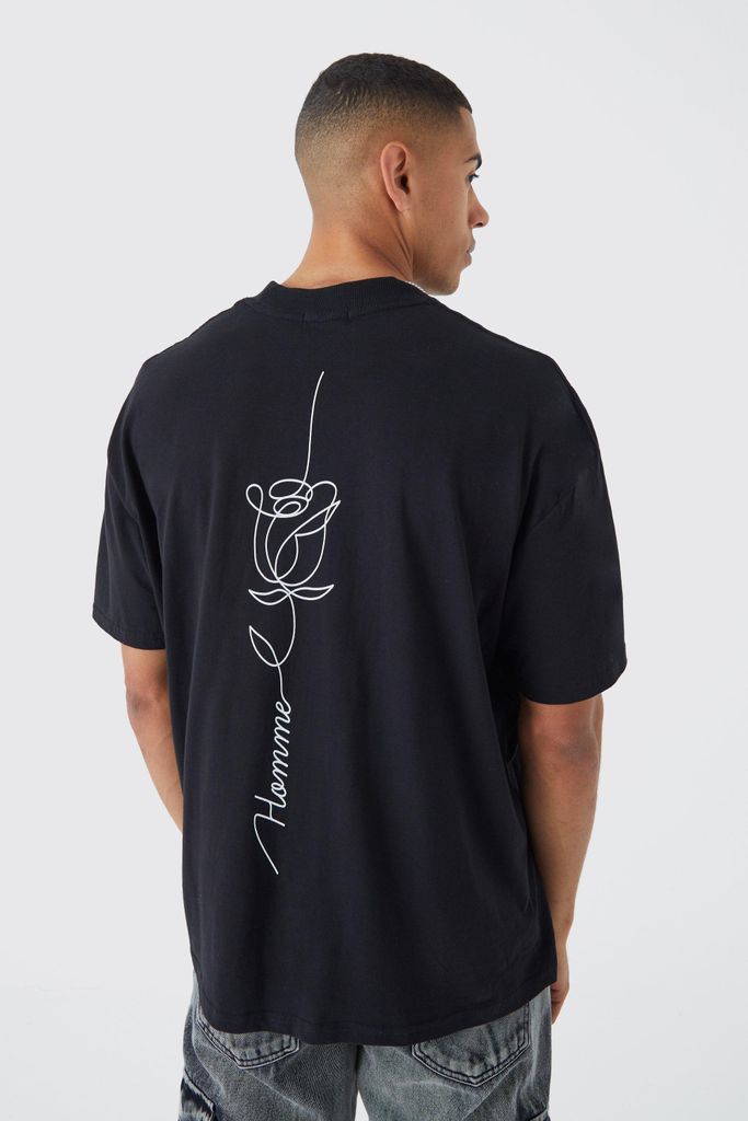 Men's Oversized Floral Stencil Graphic T-Shirt - Black - S, Black