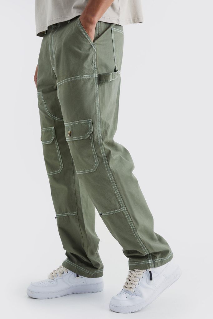 Men's Relaxed Carpenter Cargo Contrast Stitch Trouser - Green - 28, Green