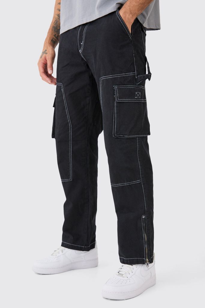 Men's Relaxed Carpenter Zip Hem Contrast Stitch Trouser - Black - 28, Black