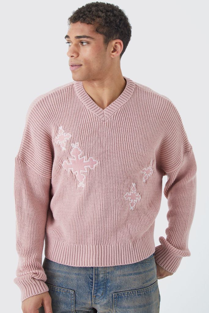 Men's Oversized Boxy Applique Cross Embroided Jumper - Pink - S, Pink