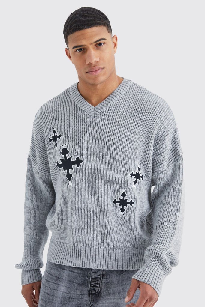Men's Oversized Boxy Applique Cross Embroided Jumper - Grey - S, Grey
