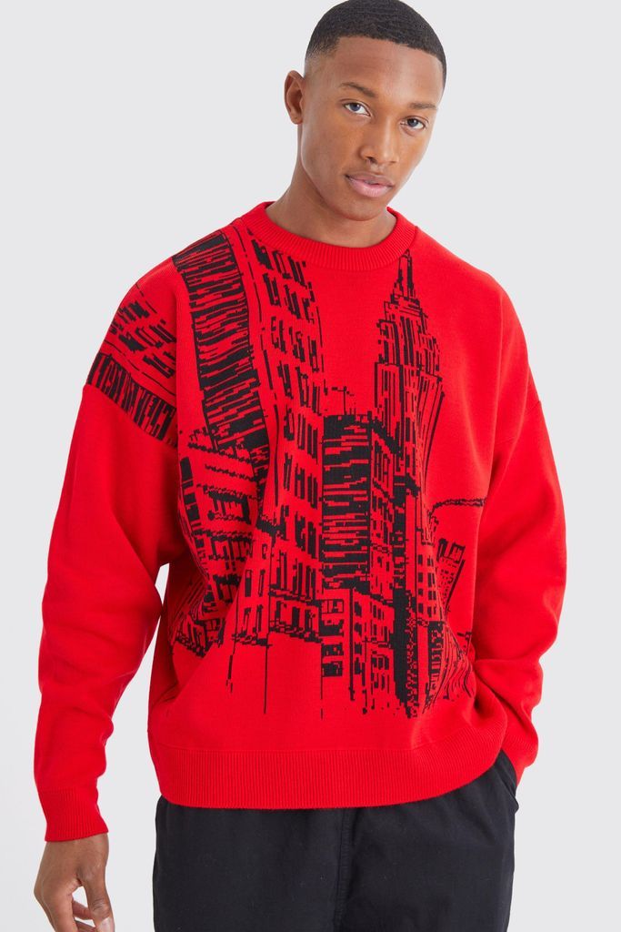 Men's Oversized City Scene Knitted Jumper - Red - S, Red