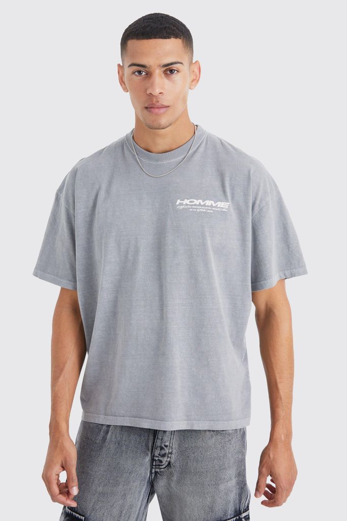 Men's Oversized Overdye Boxy Homme Graphic T-Shirt - Grey - S, Grey