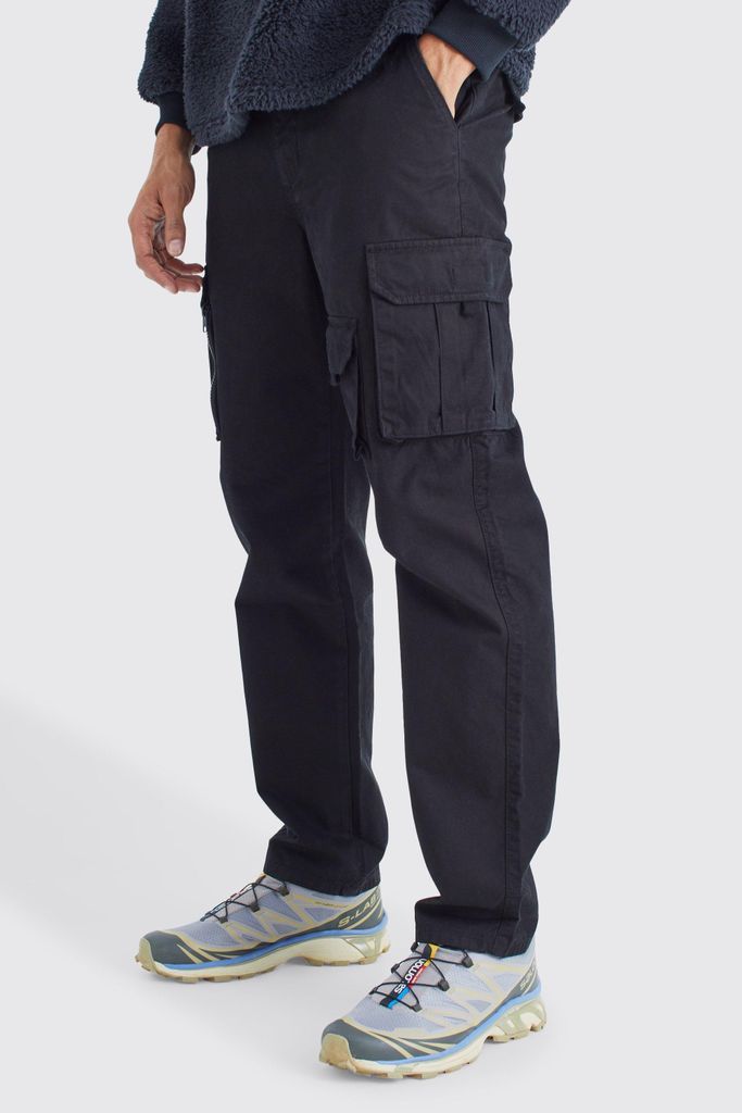 Men's Straight Leg Multi Cargo Trouser With Woven Tab - Black - 28, Black