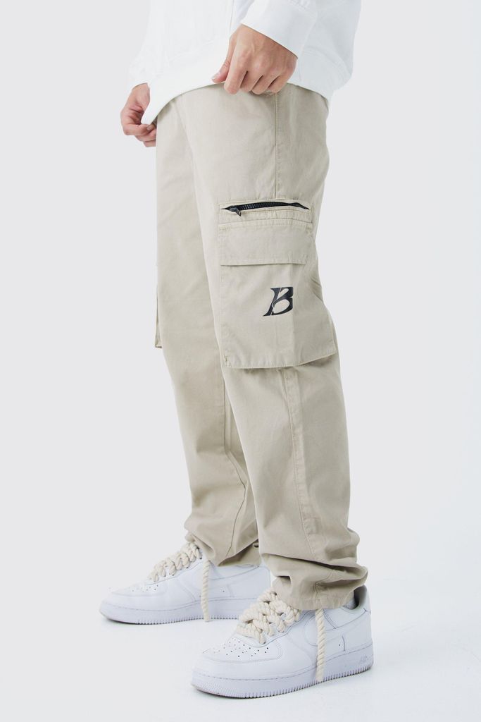 Men's Straight Leg Zip Cargo Trouser With High Build Branding - Beige - 28, Beige