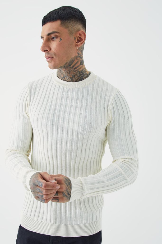 Men's Tall Muscle Fit Ribbed Long Sleeve Jumper - Cream - S, Cream